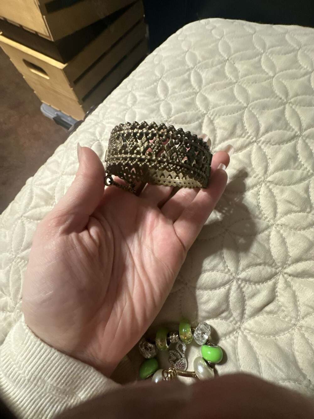 Victorian Era Brass Filigree Hinged Cuff Bracelet Antique Bronze Tone Openwork